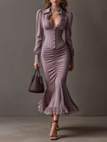Dusty Purple Corset Button Lapel Ruched Lace Hem Mermaid Midi Dress