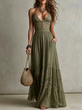 Women Halter Deep V Lace Corset Tiered Linen Blend Maxi Dress with Pockets