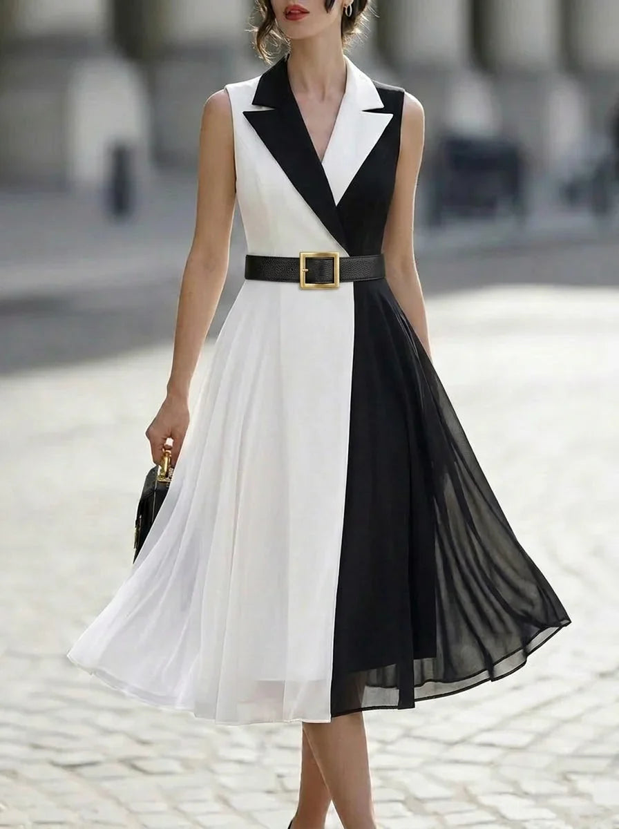 Blazer Collar Color Block Belted Sleeveless Chiffon Midi Dress