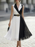 Blazer Collar Color Block Belted Sleeveless Chiffon Midi Dress