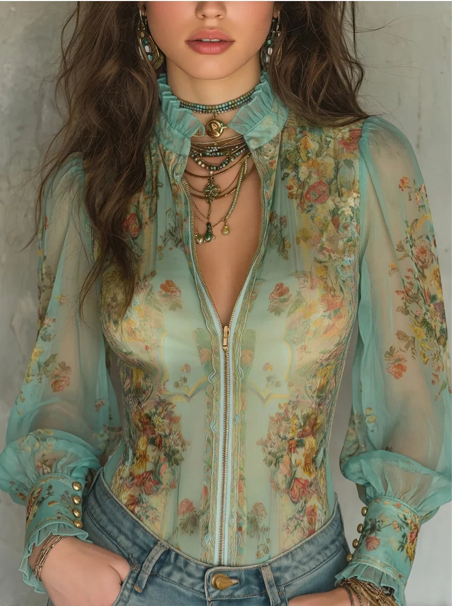 Mint Green Vintage Floral Sheer Chiffon Zip Front Puff Sleeve Blouse