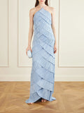 Light Blue Halter Neck Diagonal Layered Pleated Floor-Length Maxi Dress