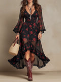 Black Red Rose Print Lace Trim Sheer High-Low Maxi Dress