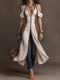 Off-White Leopard Print Panel Cold-Shoulder Longline Cardigan Tunic