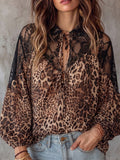 Leopard Print Lace Spliced Tie Neck Puff Sleeve Blouse