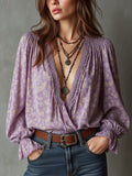 Light Purple Paisley Print Lace V-Neck Puff Sleeve Blouse