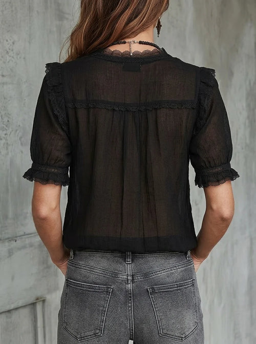 Black Lace Ruffle V-Neck Crinkle Chiffon Short Puff Sleeve Blouse