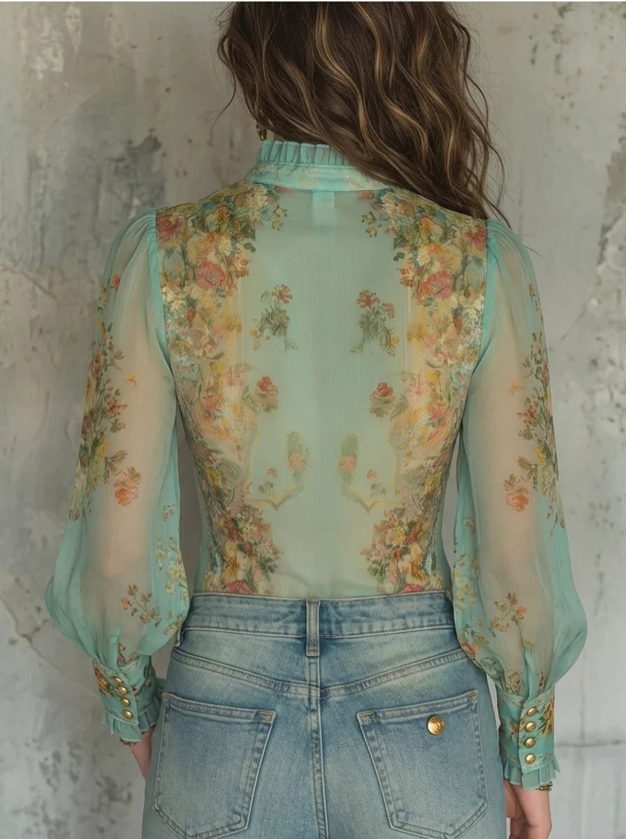 Mint Green Vintage Floral Sheer Chiffon Zip Front Puff Sleeve Blouse