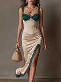 Ivory Satin Dress with Green Lace Corset and Slit