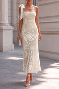 Single Bow Strap Floral Flocked Fitted Midi Mermaid Dress