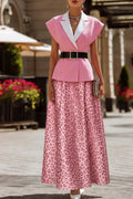 White Lapel Pink Blazer Vest + Pink Leopard Maxi Skirt Two Piece Set