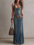 Women Vintage Halter Studded Slim Long Denim Maxi Dress