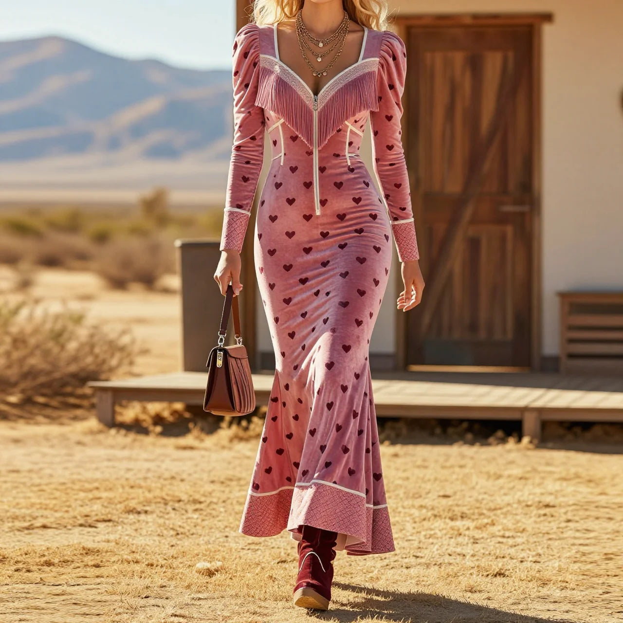 Pink Velvet Heart-Print Fringe Square-Neck Bodycon Mermaid Maxi Dress