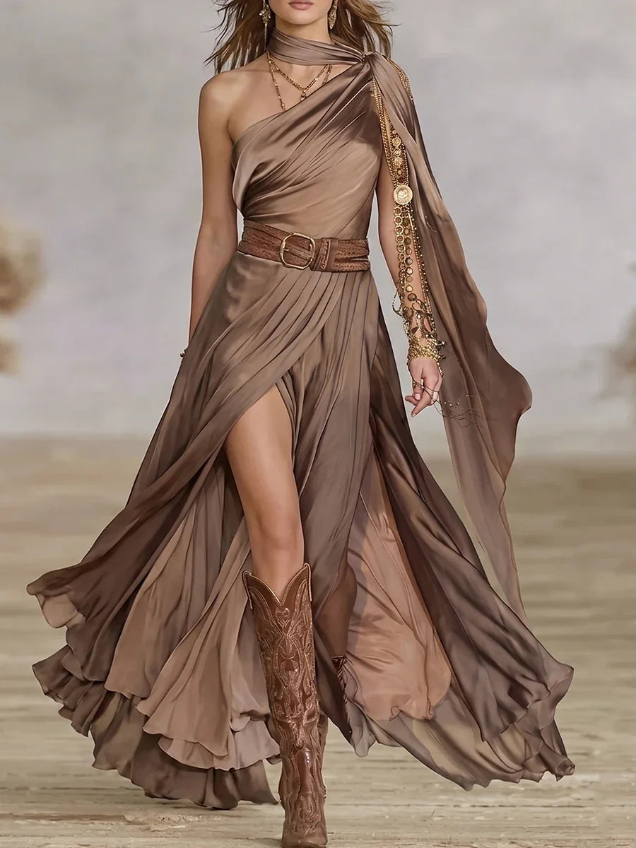 Coffee Halter One Shoulder Sash Satin High Slit Waisted Maxi Dress