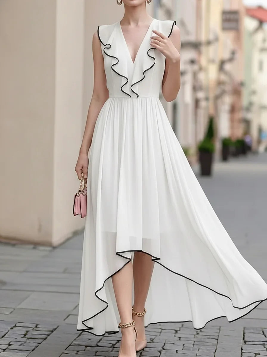 Black Trim Ruffle V Neck Sleeveless High Low Chiffon Maxi Dress