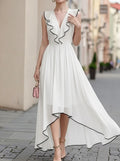 Black Trim Ruffle V Neck Sleeveless High Low Chiffon Maxi Dress
