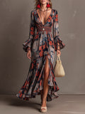 Dark Floral Print V Neck Bell Sleeve Smocked Waist High Slit Boho Maxi Dress