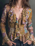 Vintage Floral Paisley Ruffle V-Neck Shirred Peplum Blouse