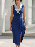 Silver Lapel Ruched Slit Glitter Fabric Royal Blue Sleeveless Midi Sheath Dress