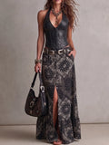 Black Leather Halter Corset Vest & Paisley Front-Slit Maxi Skirt Set