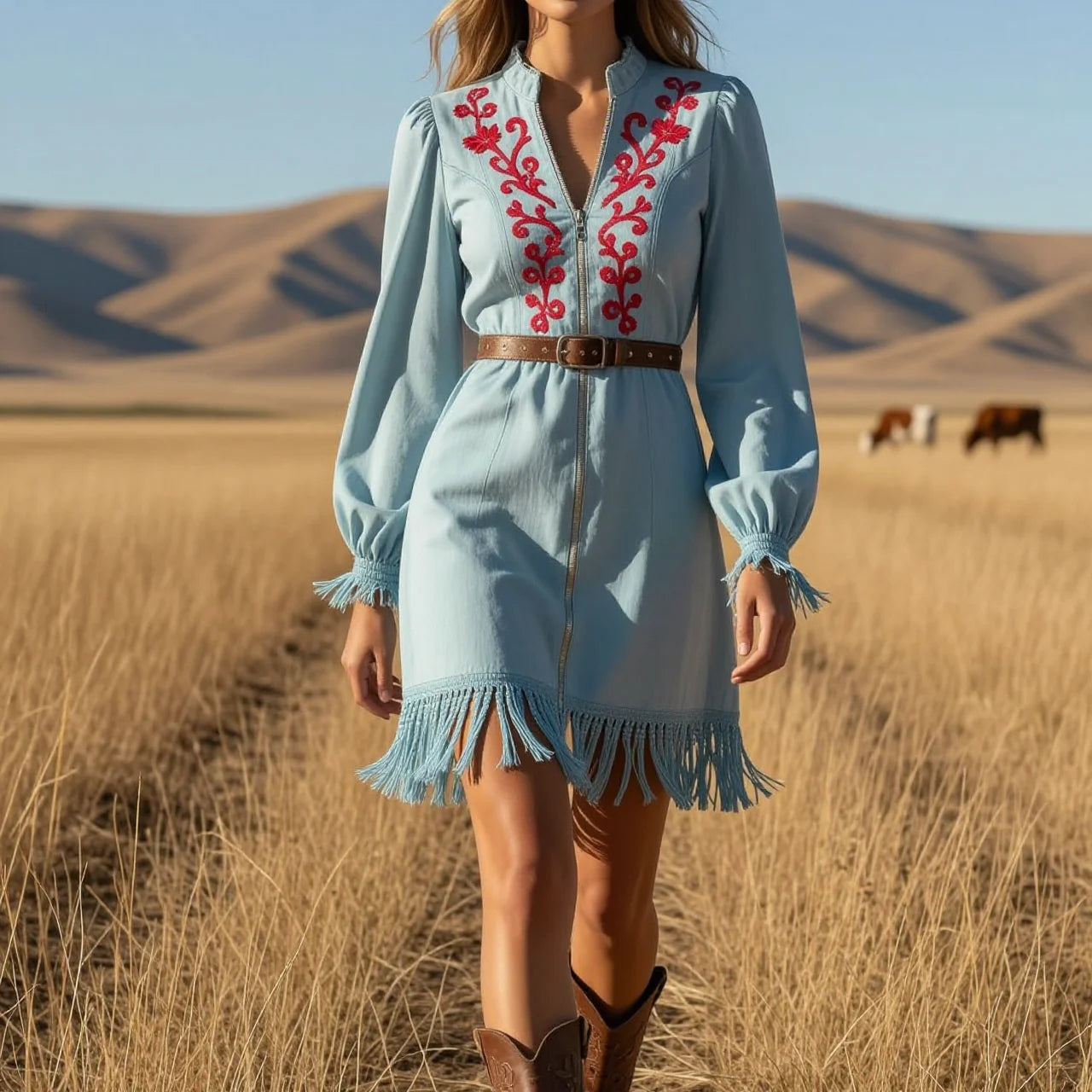 Light Blue Denim Dress with Red Embroidery & Fringe Trim
