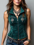 Women Stand Collar Full Zip Decorative Metal Ornament Fitted Suede Sleeveless Crop Vest