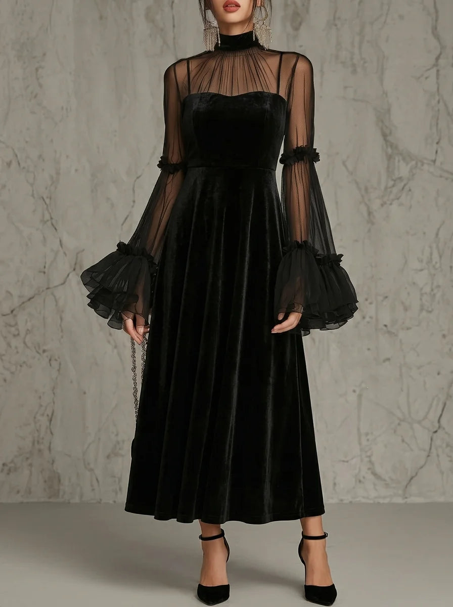 Black Velvet Midi Dress with Sheer Mesh Ruffle Bell Sleeve