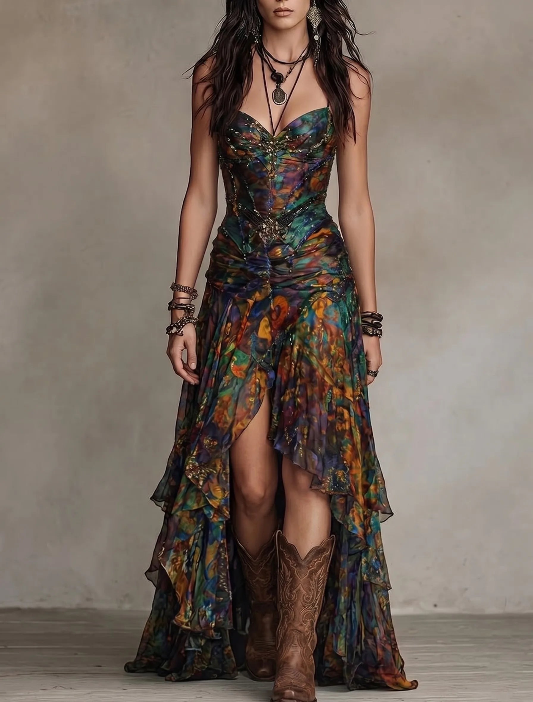 Vintage Tie-dye Print Beaded Corset High Slit Ruffle Maxi Dress