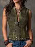 Olive Green Croc Faux Leather Studded Corset Vest