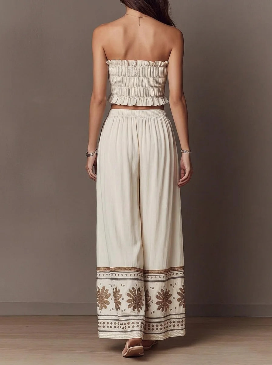 Boho Two Piece Outfit: Ruffle Smocked Tube Crop Top & Floral Border Print Wide Leg Palazzo Pants Set