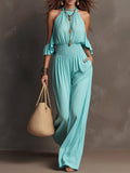 Women Halter Cold Shoulder Ruffle Short Sleeve Smocked High Waist Wide Leg Jumpsuit