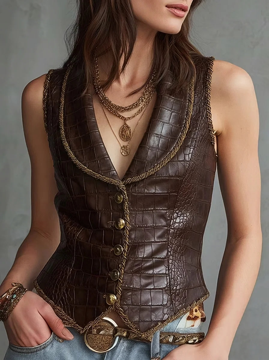 Dark Brown Croc Faux Leather Vest with Gold Braided Trim