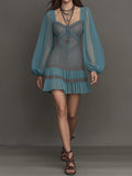 Teal Lace Square-Neck Sheer Puff-Sleeve Ruffled Hem Mini Dress