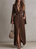Deep Brown Belted Waist Split-Sleeve Shirt-Style Maxi Dress