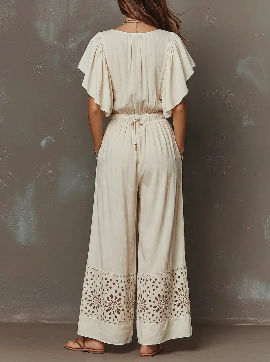 Boho V Neck Ruffle Short Sleeve Eyelet Hem Wide Leg Jumpsuit
