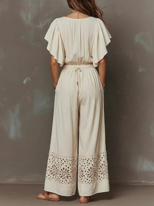 Boho V Neck Ruffle Short Sleeve Eyelet Hem Wide Leg Jumpsuit
