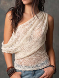 Asymmetric One Shoulder Floral Lace Draped Tank Top