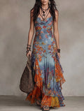 Blue Orange Gradient Floral Butterfly Cowl Neck Halter Irregular Ruffle Maxi Dress