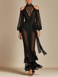 Black Lace Halter Off-Shoulder Sheer Belted Wide-Leg Jumpsuit