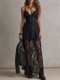 Black Lace Deep V Spaghetti Strap Sheer Hem Maxi Dress