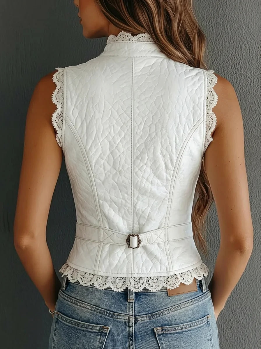 White Quilted Lace Trim Faux Leather Sleeveless Vest