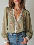 Women Lace Trim V Neck 3D Floral Embroidery Puff Long Sleeve Sheer Chiffon Blouse