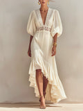 Off-White Deep V Puff Sleeve Lace Panel Asymmetrical Ruffle Dress