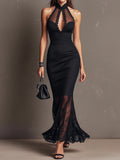 Black Halter Lace Sheer Mermaid Evening Gown