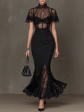 Black Ruffle Halter Button Contrast Trim Mesh Mermaid Maxi Dress