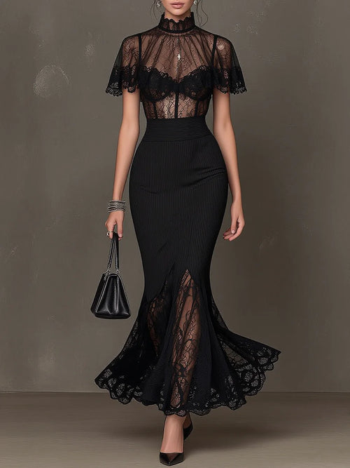 Black Ruffle Halter Button Contrast Trim Mesh Mermaid Maxi Dress