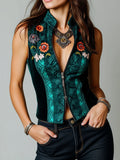 Dark Green Velvet Snake Print Floral Embroidery Stand Collar Zip-Up Fitted Vest