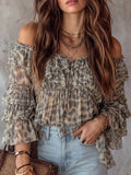 Tie Dye Leopard Off Shoulder Ruffle Tiered Sleeve Blouse