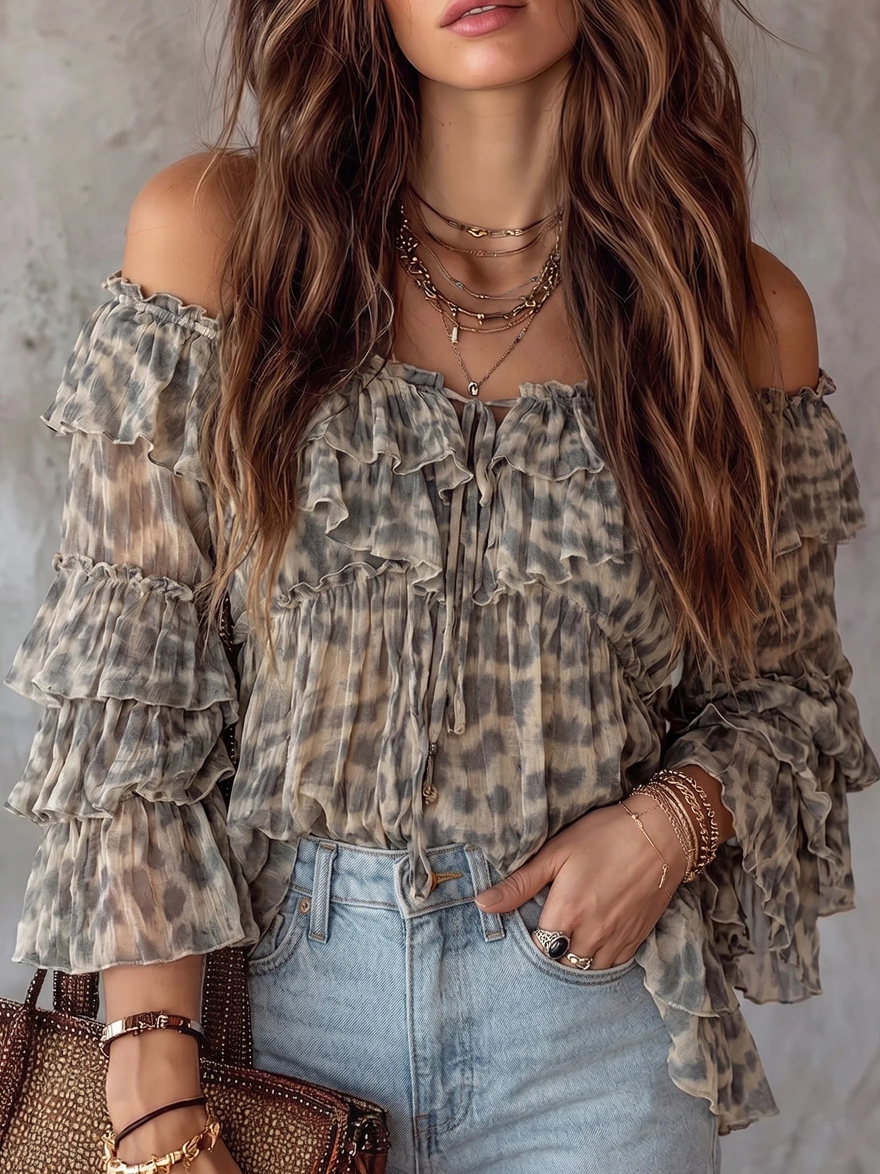 Tie Dye Leopard Off Shoulder Ruffle Tiered Sleeve Blouse