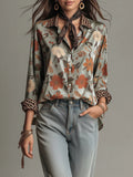 Sage Green Floral Leopard Patchwork Satin Long Sleeve Shirt